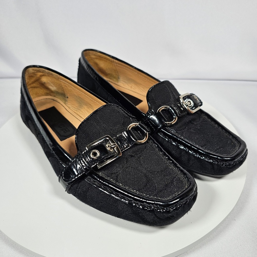 COACH Stacie Black‎ Jacquard Signature Loafer Flats Buckle Size 6.5M